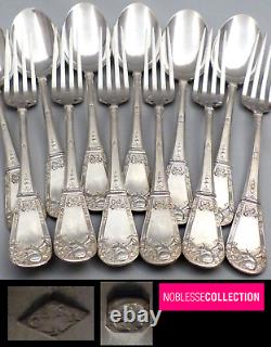 ANTIQUE EARLY 1900s FRENCH STERLING SILVER DINNER FLATWARE SET 12p BAGPIPE