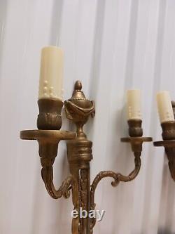ANTIQUE Early 1900s French Louis XVI Style Bronze Double Arm Wall Sconces