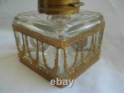 ANTIQUE FRENCH GILT BRASS GLASS INKWELL, LOUIS 16 STYLE, 19th CENTURY