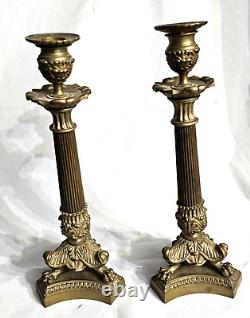 ANTIQUE FRENCH Louis XIV STYLE BRASS CANDLESTICKS LION CLAW FEET ON TRIPOD BASE