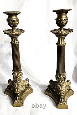 ANTIQUE FRENCH Louis XIV STYLE BRASS CANDLESTICKS LION CLAW FEET ON TRIPOD BASE