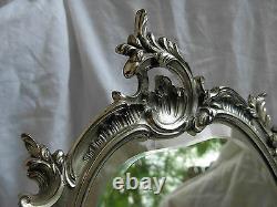 ANTIQUE FRENCH SILVERPLATED PEWTER TABLE MIRROR, LOUIS 15 STYLE, LATE 19th