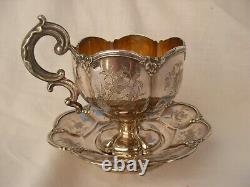 ANTIQUE FRENCH STERLING SILVER CHOCOLAT CUP & SAUCER, LOUIS 15 STYLE, 19th CENTURY