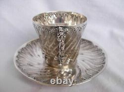 ANTIQUE FRENCH STERLING SILVER COFFEE CUP AND SAUCER, LOUIS 15 STYLE, LATE 19th