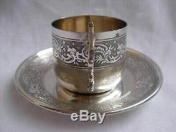ANTIQUE FRENCH STERLING SILVER COFFEE CUP & SAUCER, LOUIS 15 STYLE, LATE 19th