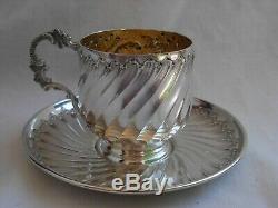 ANTIQUE FRENCH STERLING SILVER COFFEE CUP & SAUCER, LOUIS 15 STYLE, LATE 19th