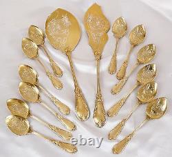 ANTIQUE FRENCH STERLING SILVER & GOLD PLATED ICE CREAM DESSERT FLATWARE SET 19th