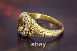ANTIQUE LOUIS XVI FRENCH 18K GOLD PEARL & IMPERIAL TOPAZ RING c1800
