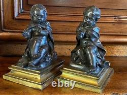 Allegory Winter Figurine Children Antique Group French Bronze Sculpture Statue