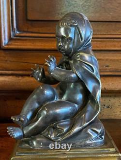 Allegory Winter Figurine Children Antique Group French Bronze Sculpture Statue