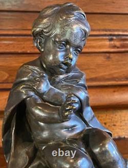 Allegory Winter Figurine Children Antique Group French Bronze Sculpture Statue