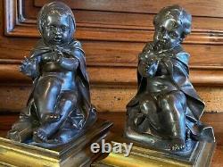 Allegory Winter Figurine Children Antique Group French Bronze Sculpture Statue