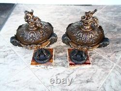 Amazing Pair Antique French Garniture Urns Louis 16 Spelter Marble Bronze 19c