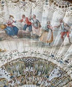 Antique 18th Century French Hand Painted Fan Mother of Pearl Louis XVI Painting