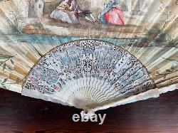 Antique 18th Century French Hand Painted Fan Mother of Pearl Louis XVI Painting