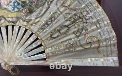 Antique 18th Century French Hand Painted Fan Mother of Pearl Louis XVI Signed