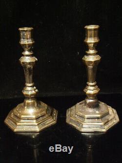 Antique 18th Century French Louis XV Octagonal Faceted Brass Candlestick Pair