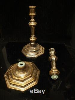 Antique 18th Century French Louis XV Octagonal Faceted Brass Candlestick Pair