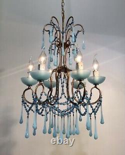 Antique 1930 Chandelier Louis XV French Blue opaline Murano RARE 6 Lights Rare