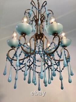 Antique 1930 Chandelier Louis XV French Blue opaline Murano RARE 6 Lights Rare