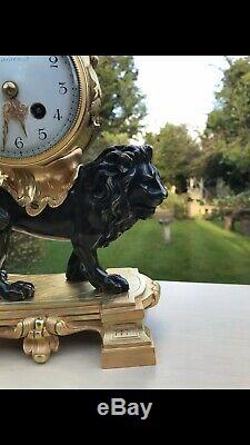 Antique 19th C French Gilt Bronze Louis XVI STYLE mantel Clock Modelled Of Lion