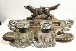 Antique 19th Century French Louis XV Large Metal & Glass Inkwell w Hunting Dog