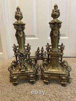 Antique AAB French Baroque Louis XVI Brass Flame Lyre Torch Column Andirons Pair