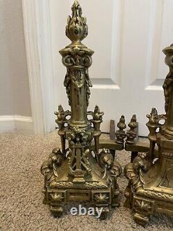 Antique AAB French Baroque Louis XVI Brass Flame Lyre Torch Column Andirons Pair