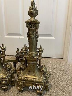 Antique AAB French Baroque Louis XVI Brass Flame Lyre Torch Column Andirons Pair