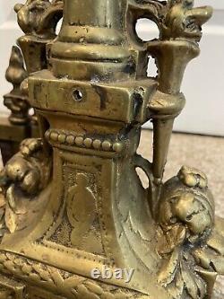 Antique AAB French Baroque Louis XVI Brass Flame Lyre Torch Column Andirons Pair