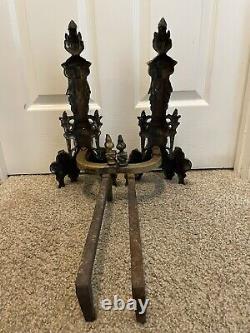 Antique AAB French Baroque Louis XVI Brass Flame Lyre Torch Column Andirons Pair