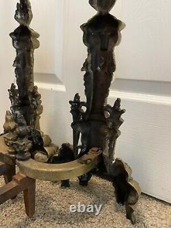 Antique AAB French Baroque Louis XVI Brass Flame Lyre Torch Column Andirons Pair