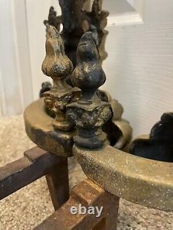 Antique AAB French Baroque Louis XVI Brass Flame Lyre Torch Column Andirons Pair