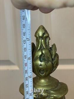 Antique AAB French Baroque Louis XVI Brass Flame Lyre Torch Column Andirons Pair