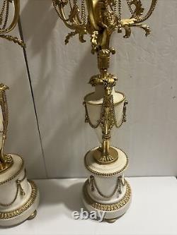 Antique Eagle Bird French Louis XVI Style Gilt Bronze Marble Pair Of Candelabra