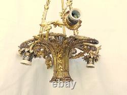 Antique Exceptional & Sublime French 6 Light Basket Bronze Flowered Chandelier