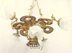 Antique Exceptional & Sublime French 6 Light Basket Bronze Flowered Chandelier