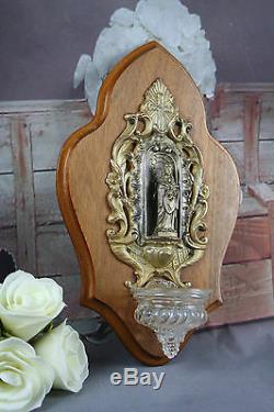 Antique FRench 1900 Brass Bronze Holy water font benitier Louis XV wood plaque