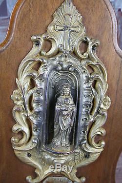 Antique FRench 1900 Brass Bronze Holy water font benitier Louis XV wood plaque