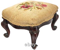 Antique French 1800s Footstool Carved Burl Wood, Floral Needlepoint Wool Seat