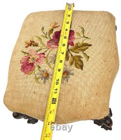 Antique French 1800s Footstool Carved Burl Wood, Floral Needlepoint Wool Seat