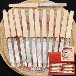 Antique French 18k Gold Vermeil on Solid Silver 12pc Knife Set, Mother of Pearl