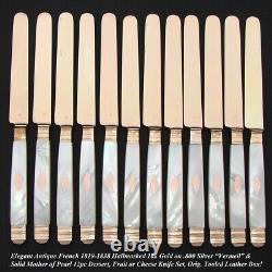 Antique French 18k Gold Vermeil on Solid Silver 12pc Knife Set, Mother of Pearl