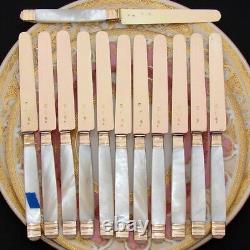 Antique French 18k Gold Vermeil on Solid Silver 12pc Knife Set, Mother of Pearl