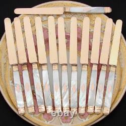 Antique French 18k Gold Vermeil on Solid Silver 12pc Knife Set, Mother of Pearl