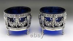 Antique French 950 Sterling Silver Cobalt Blue Glass Louis XVI Type Salt Cellars