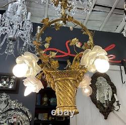 Antique French Basket Gilt Bronze Louis Style Ormolu Floral 4 Light Chandelier