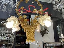 Antique French Basket Gilt Bronze Louis Style Ormolu Floral 4 Light Chandelier