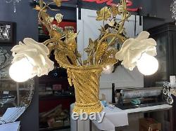 Antique French Basket Gilt Bronze Louis Style Ormolu Floral 4 Light Chandelier