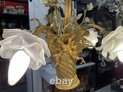 Antique French Basket Gilt Bronze Louis Style Ormolu Floral 4 Light Chandelier